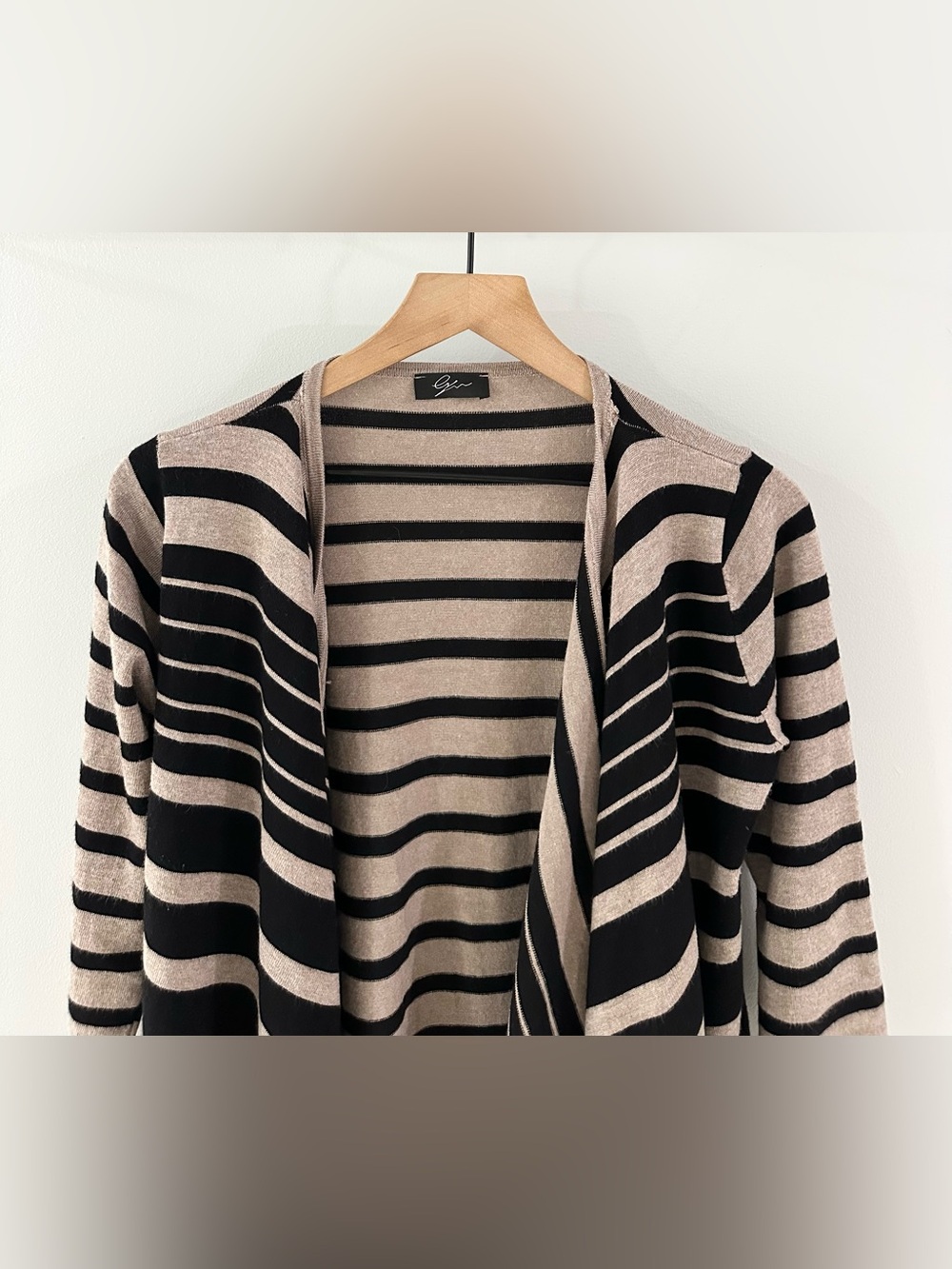 LYN 3/4 Sleeve Open Front Cardigan // Black & Tan Stripe // Large - Picture 3 of 6